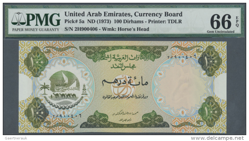 100 Dirhams ND(1973), P.5a In Perfect UNC Condition, PMG Graded 66 Gem Uncirculated EPQ (R) - United Arab Emirates