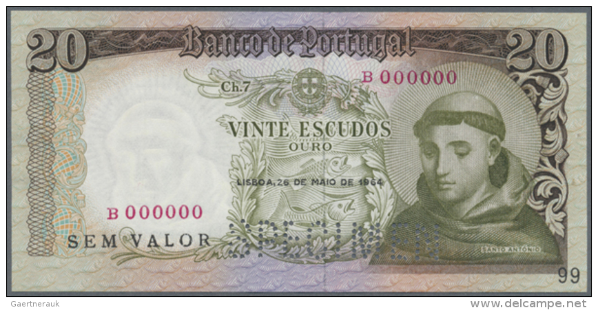 20 Escudos 1964 SPECIMEN, P.167s, Slightly Wavy Paper And Tiny Pinholes At Left And Right Border. Condition: XF+... - Portugal