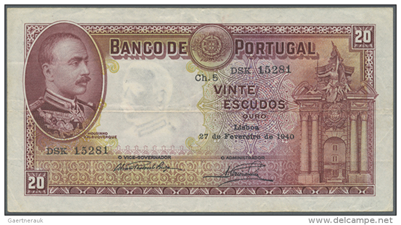 20 Escudos 1940 P. 143, Used With Folds In Paper But No Holes Or Tears, Paper Very Crisp And Colors Original, Not... - Portugal