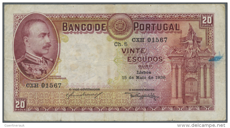 20 Escudos 1938 P. 143 In Used Condition With Several Folds And Light Stain Dots In Watermark Area, Ink Trace At... - Portugal