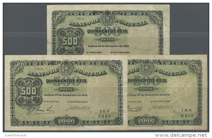 Set Of 3 Banknotes 500 Reis 2x 1904 And 1x 1910 P. 105, All Three Used With Folds And Stain But Without Holes Or... - Portugal