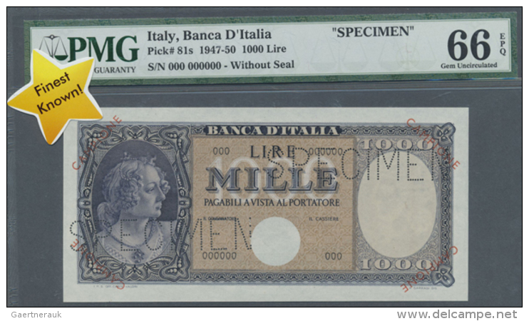 CAMPIONE 1000 Lire 1947-50 SPECIMEN, P.81s In Perfect UNC Condition, PMG Graded 66 Gem Uncirculated EPQ (R) - Other & Unclassified