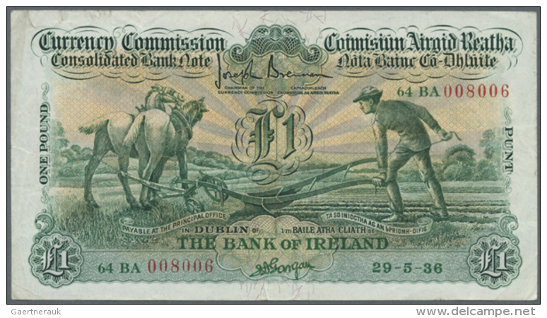 1 Pound 1936 P. 8a, Ploughman Note, Folded Horizontally And Vertically, No Holes Or Tears, Very Crisp Paper And... - Ireland