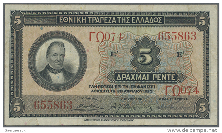 5 Drachmai 1923, P.73, Nice And Attractive Note With Slightly Stained Paper And Several Folds. Condition: F+ (D) - Greece