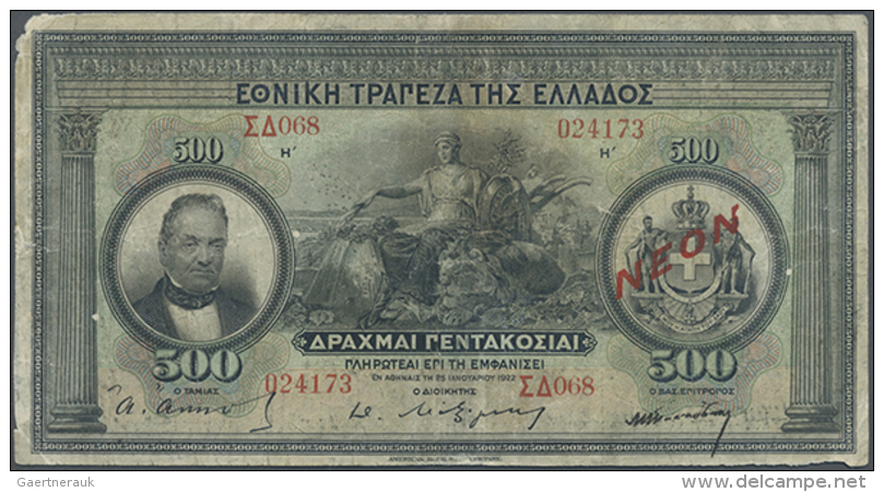 500 Drachmai 1922 (1922)  With Red Overprint "NEON", P.68 In Well Worn Condition With Stained Paper, Tiny Tears,... - Greece