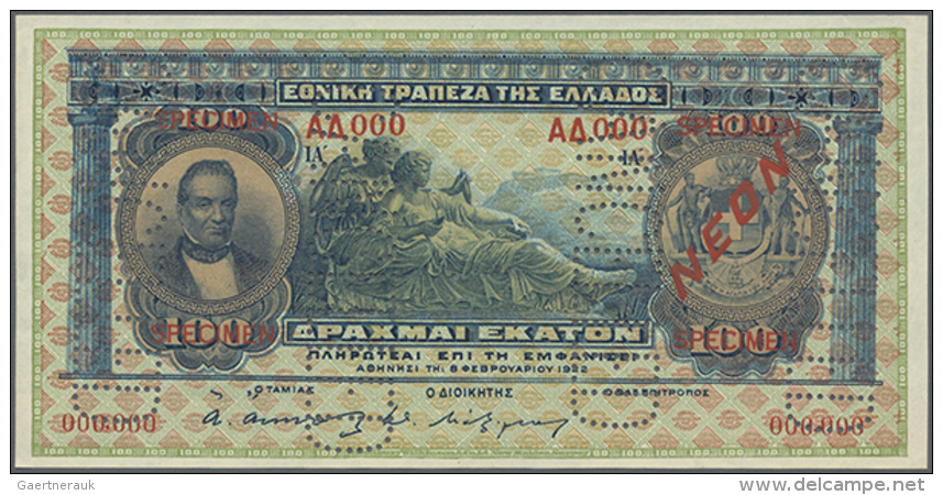 100 Drachmai 1922 (1922) With Red Overprint "NEON" And "SPECIMEN" With Serial Number 000000, P.67s, Four Times... - Greece