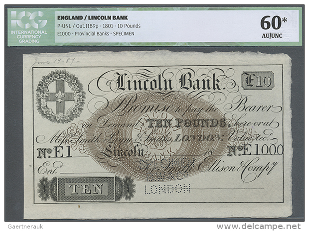 Lincoln Bank 10 Pounds 1801 P. NL, SPECIMEN With "London" Perforation, Unsigned, ICG Graded 60* AU/UNC. (D) - Other & Unclassified