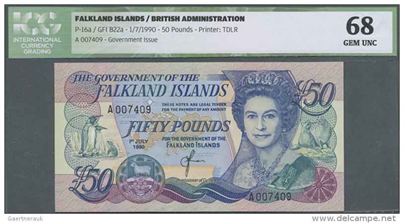 Set Of 2 Consecutive Notes 50 Pounds 1990 P. 16a, Serial #A007409 To #A007408, ICG Graded 68 Gem UNC And 66 Choice... - Falkland Islands