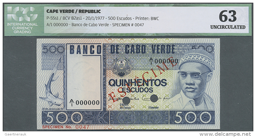 500 Escudos 1977 Specimen P. 55s1 With Specimen Overprint And 2 Bank Cancellation Holes, ICG Graded 63 UNC. (D) - Cape Verde