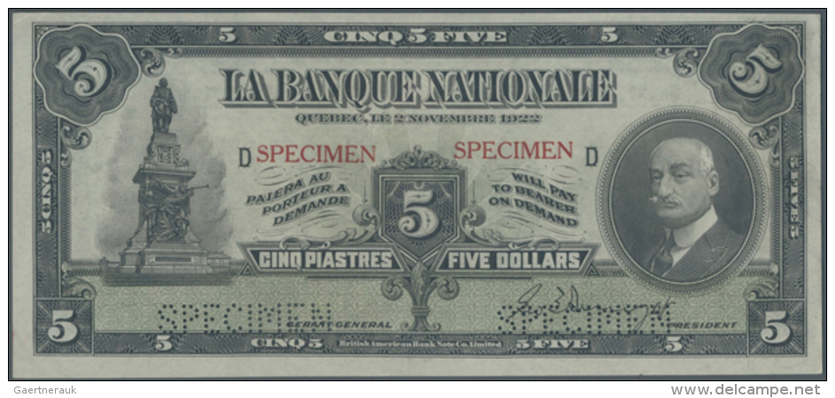 La Banque Nationale 5 Dollars 1922 SPECIMEN, P.S871s With Ovpt. And Perforation Specimen And Excellent Condition... - Canada