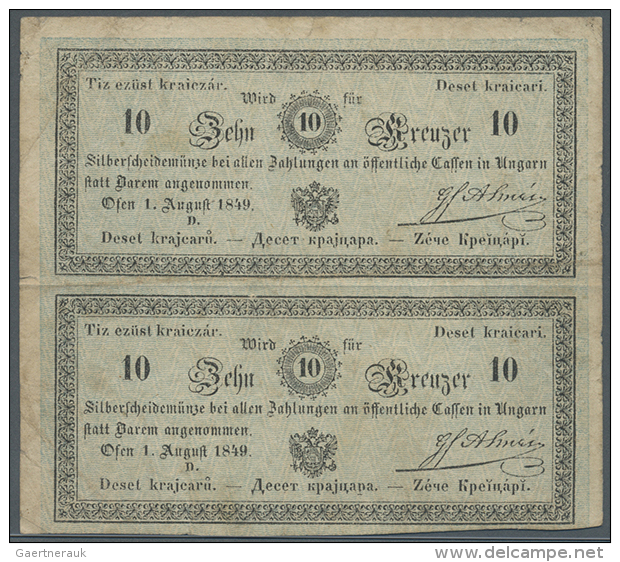 2 Uncut Pcs 10 Kreuzer 1849 P. A92B, Folded With Light Stain In Paper, Condition: F. (D) - Austria