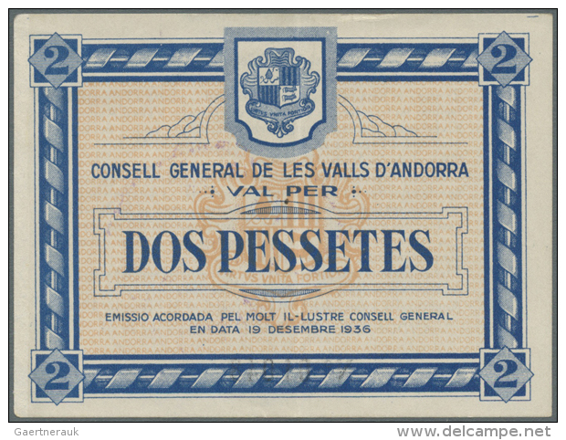 2 Pessetes 1936 P. 2, Light Center Fold, Paper Irritation Along Left Border, Crisp And No Holes Or Tears,... - Andorra