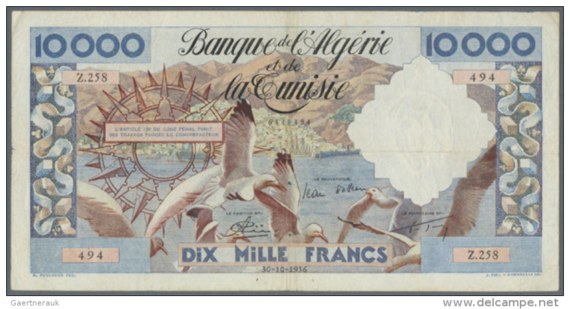 10.000 Francs 1956, P.110, Slightly Stained Paper With Several Folds And Tiny Holes At Center. Condition: F (R) - Algeria