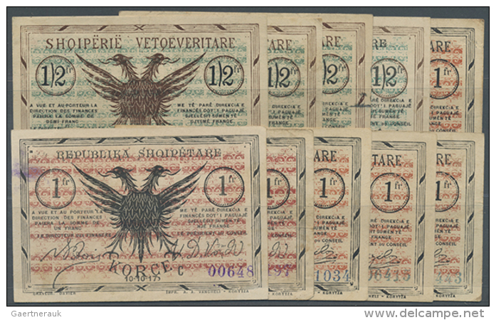 Set Of 10 Banknotes Containing 3x 1/2 Frange 1917 P. S141 Series "A" (1x VF, 2x F), 1/2 Frange 1917 P. S145 Series... - Albania