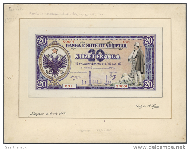 Very Rare Hand Executed Design Studies From The Printing Works For A 20 Franga 1945 Banknote Which Was Never... - Albania