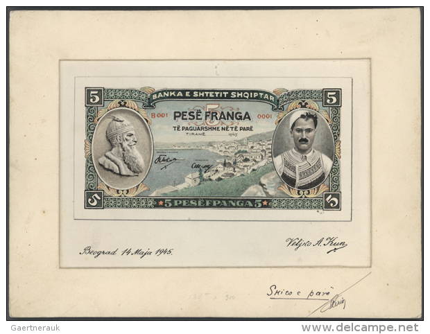 Very Rare Hand Executed Design Studies From The Printing Works For A 5 Franga 1945 Banknote Which Was Never Issued,... - Albania