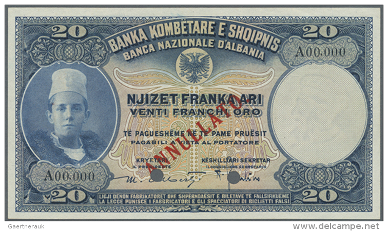 20 Franka Ari ND (1926) Specimen P. 3s, With Zero Serial Numbers, Cancellation Holes, Red Overprint In Condition:... - Albania