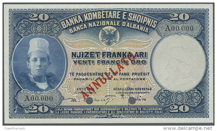 20 Franka Ari ND (1926) Specimen P. 3s, With Zero Serial Numbers, Cancellation Holes, Red Overprint In Condition:... - Albania