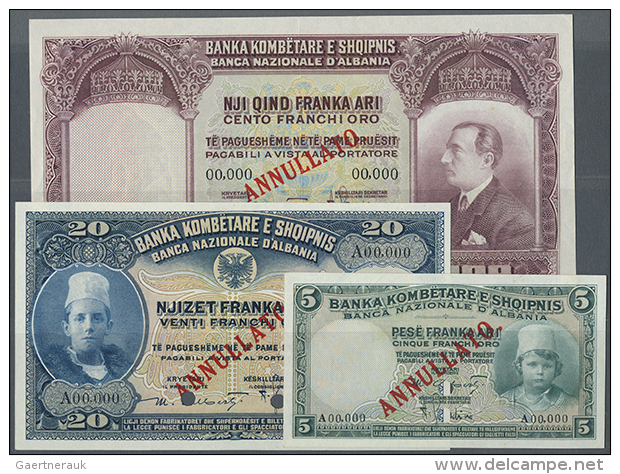 Set Of 3 Banknotes Containing 5 Franka Ari ND(1926) Specimen P. 2s (one Corner Fold, AUNC), 20 Franka Ari ND(1926)... - Albania