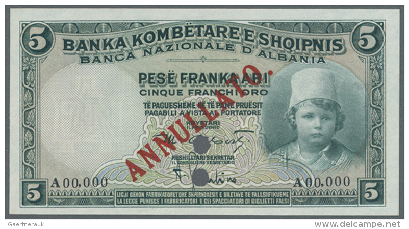 5 Franka Ari ND(1926) Specimen P. 2s, With Zero Serial Numbers, Red Overprint, In Condition: UNC. (D) - Albania