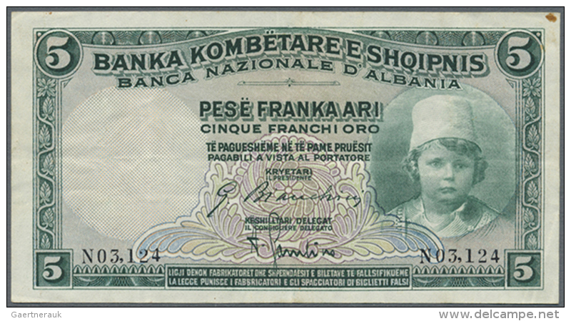 5 Franka Ari ND(1926) P. 2b, Used With Folds, 2 Stain Dots But No Holes Or Tears, Paper Still Strong, Condition:... - Albania
