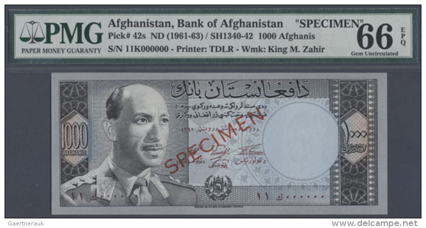 1000 Afghanis SH1340-42 / ND(1961-63) SPECIMEN, P.42s, PMG Graded 66 Gem Uncirculated EPQ (R) - Afghanistan