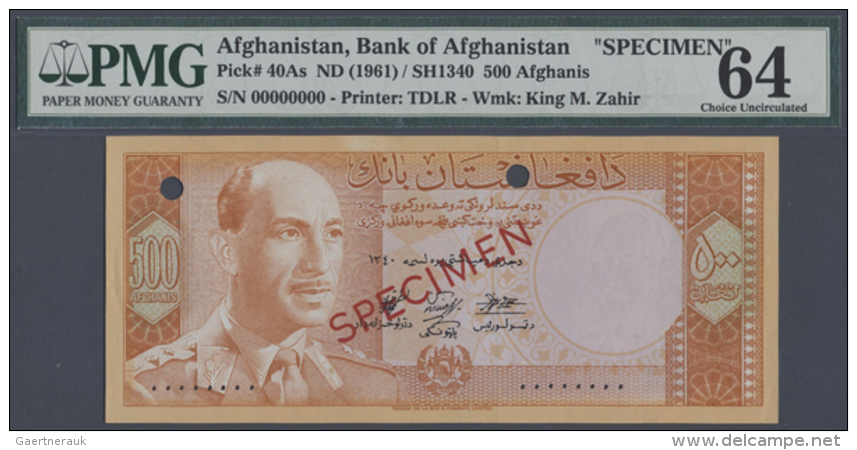 500 Afghanis SH1340 / ND(1961) SPECIMEN, P.40As, PMG Graded 64 Choice Uncirculated (R) - Afghanistan