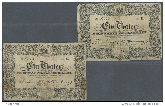 2 Banknoten 1 Thaler 1848 F&uuml;rstlich-Schwarzburgisches-Cassenbillet, PiRi A496, Beide In Stark Gebrauchter... - [ 1] …-1871 : German States