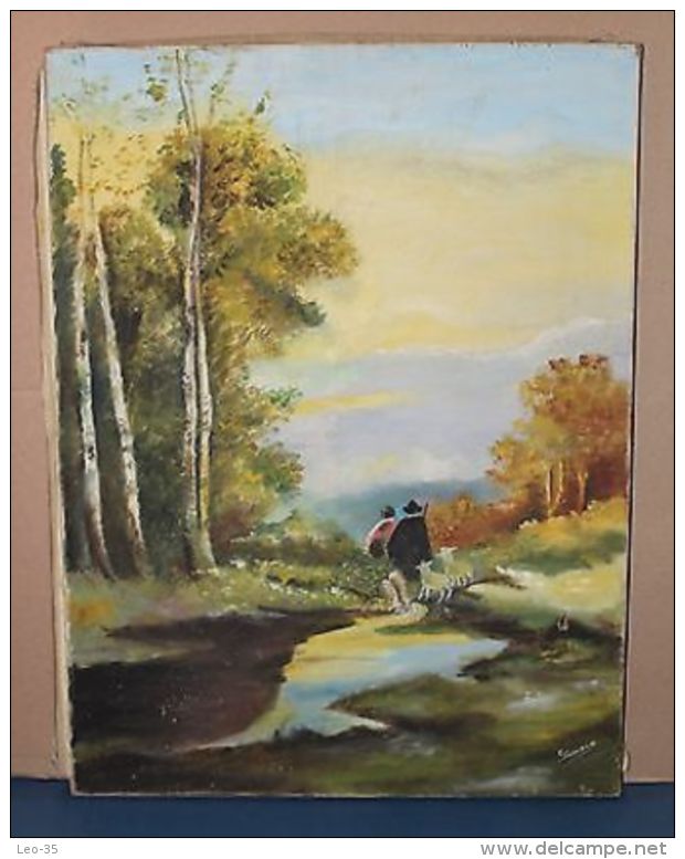 Peinture à L'huile Sur Toile Signée SIMONE - Paysage Bergers Et Moutons - Autres & Non Classés