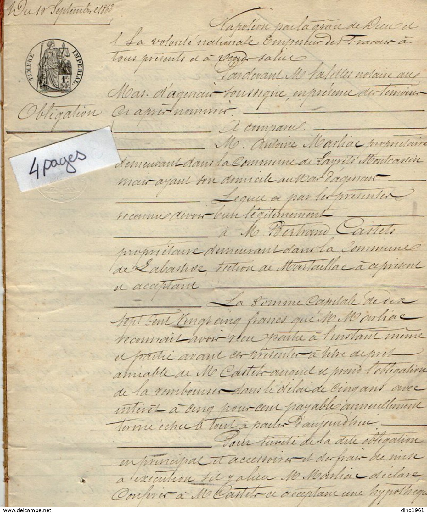 VP7783 - MAS D'AGENAIS - Acte De 1868 - Obligation Par MARLIAC De LAYRITS à CASTELS De LABASTIDE - Manuscripts