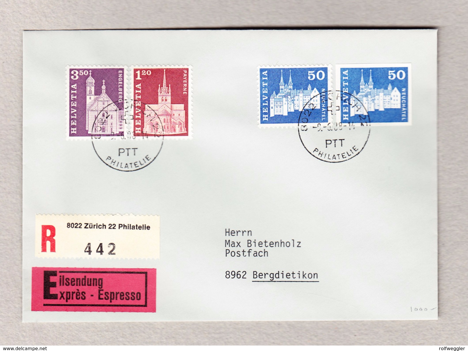 Schweiz Zu #417U Ungezähnt Mit Zusatzfrankatur Auf Express R-Brief Zürich 9.6.1988 - Lettres & Documents