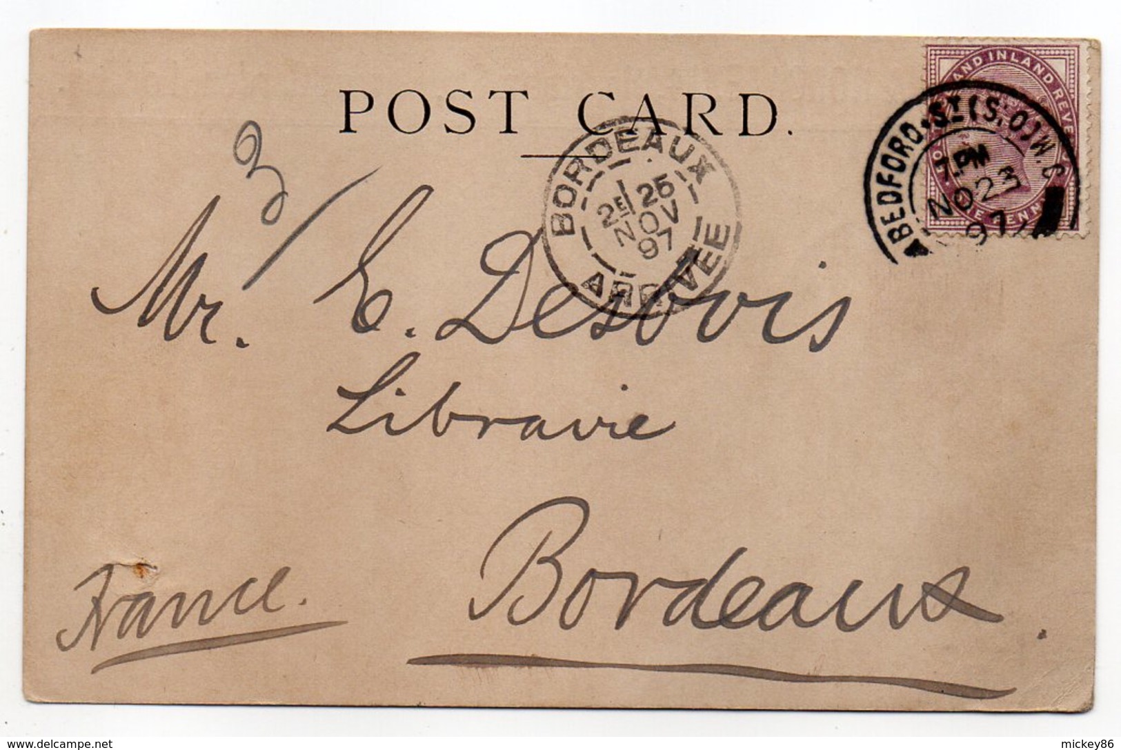 Grande-Bretagne--1897--tp N°73 Seul Sur Carte Postale (William & Norgate,Covent Garden) Pour Bordeaux(France)-BEDFORD - Lettres & Documents