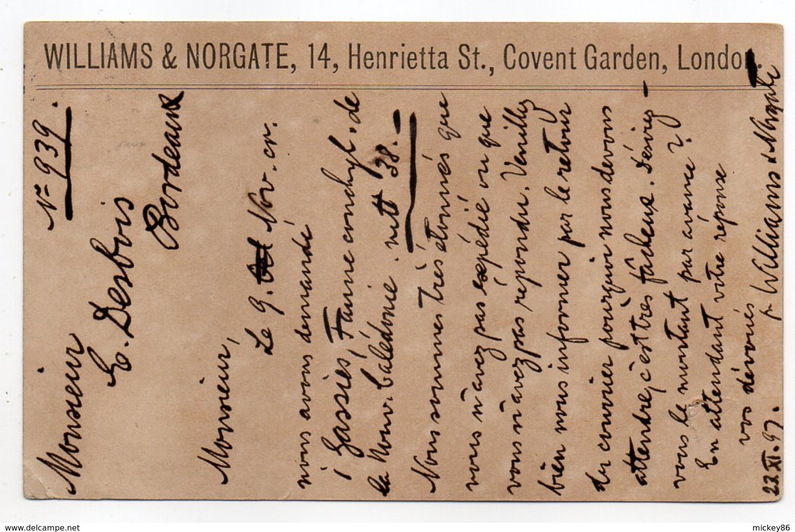 Grande-Bretagne--1897--tp N°73 Seul Sur Carte Postale (William & Norgate,Covent Garden) Pour Bordeaux(France)-BEDFORD - Lettres & Documents