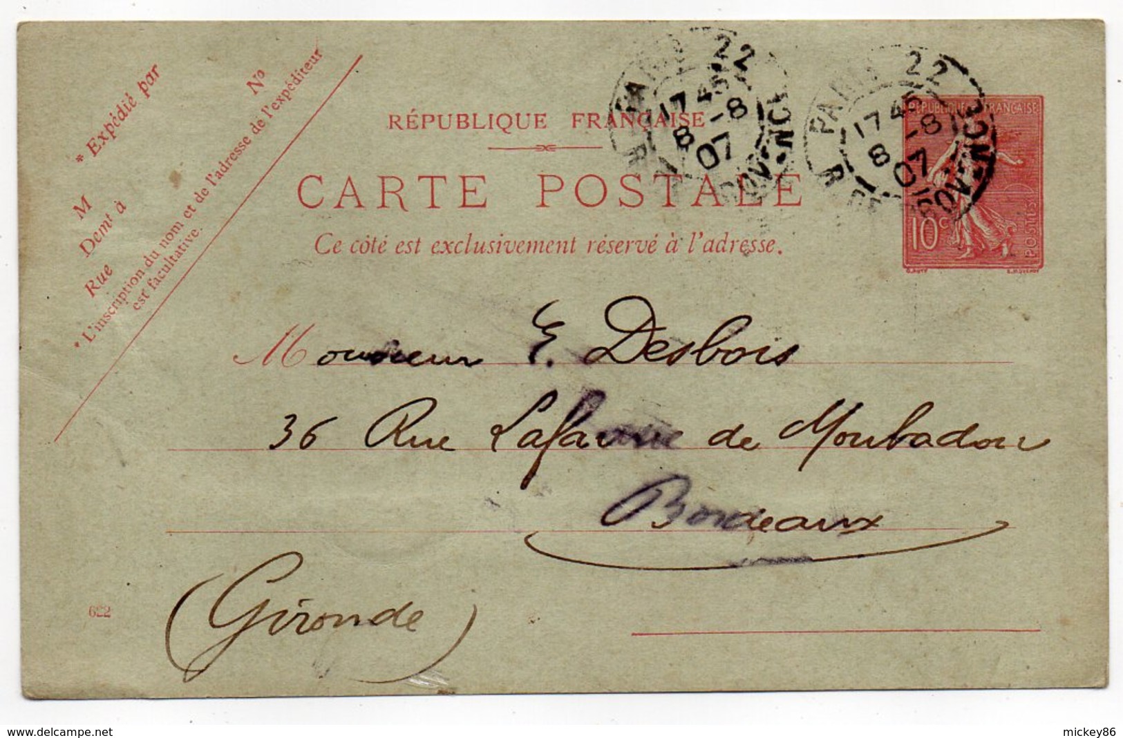 Entier-1907-CP Semeuse Lignée 10c Rose-cachet PARIS 22 Pour Bordeaux-33-format 140 Mm X 86 Mm-Librairie Ancien Temps 9° - Cartes Postales Types Et TSC (avant 1995)