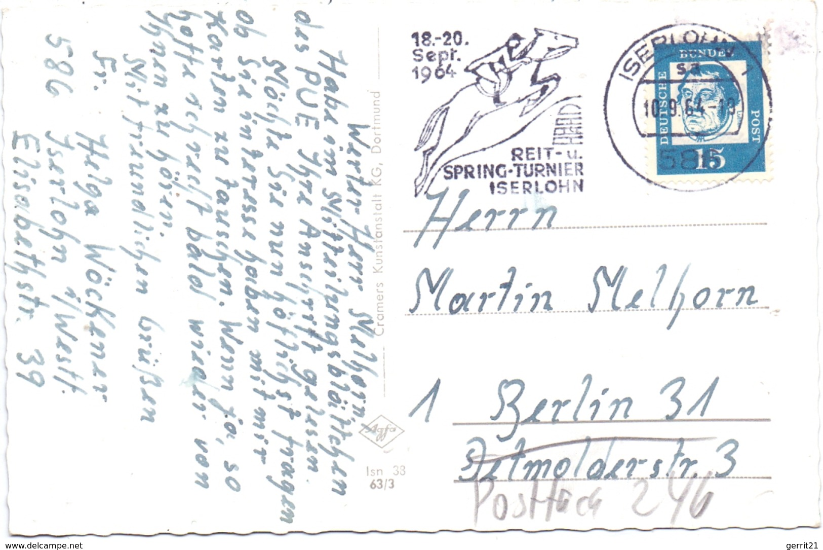 5860 ISERLOHN, Seilersee, Sonderstempel Reit- U. Spring-Turnier Iserlohn 1964 - Iserlohn