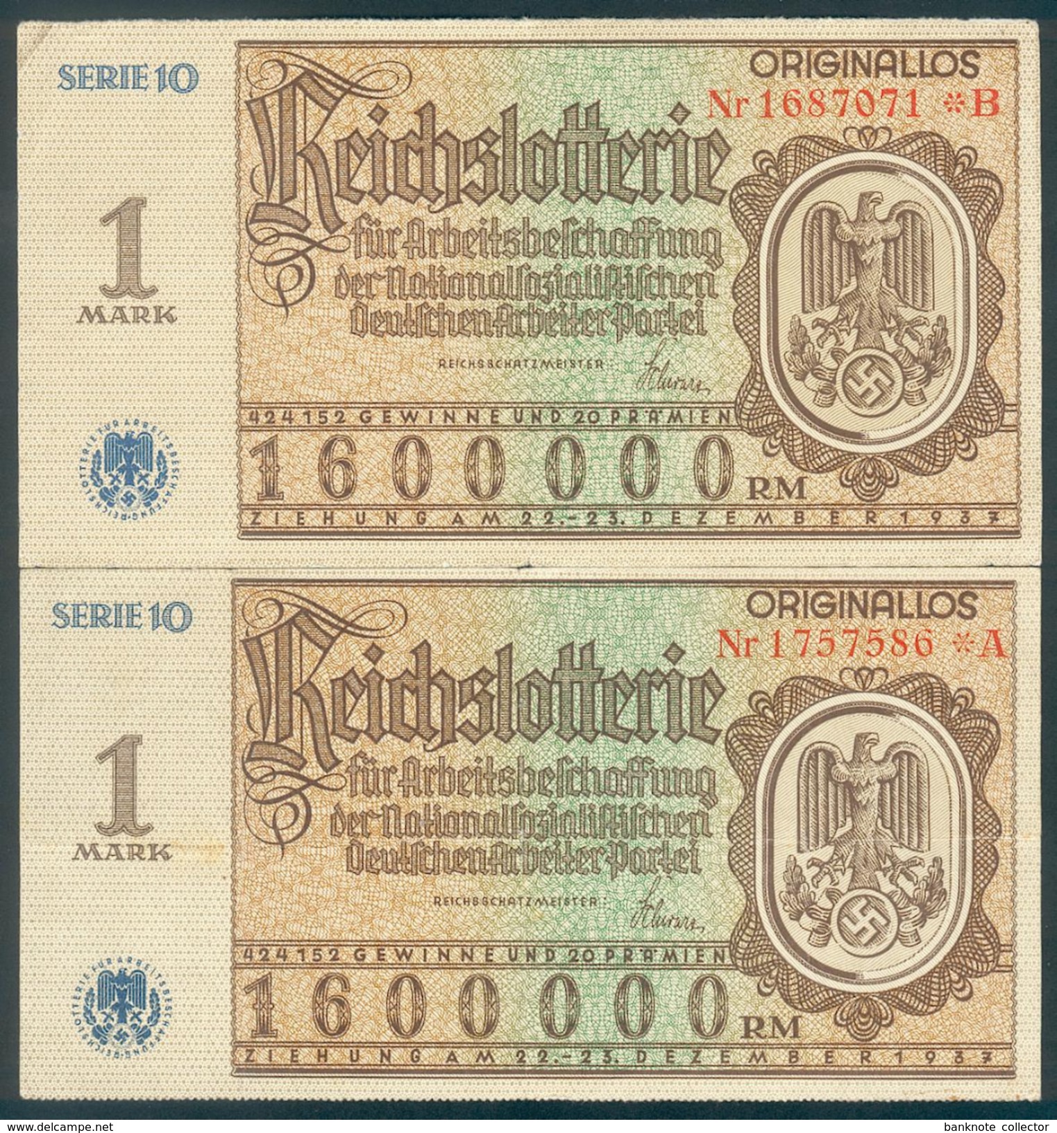 Deutschland, Germany - " REICHSLOTTERIE ", " 2 X ORIGINALLOS Der NSDAP " 1937 ! - Autres & Non Classés