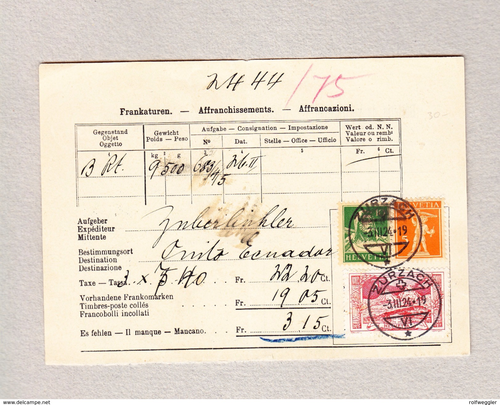 Schweiz Heimat AG ZURZACH 3.3.1924 Frankaturen Post Beleg Mit U.a. Zu#142 - Lettres & Documents