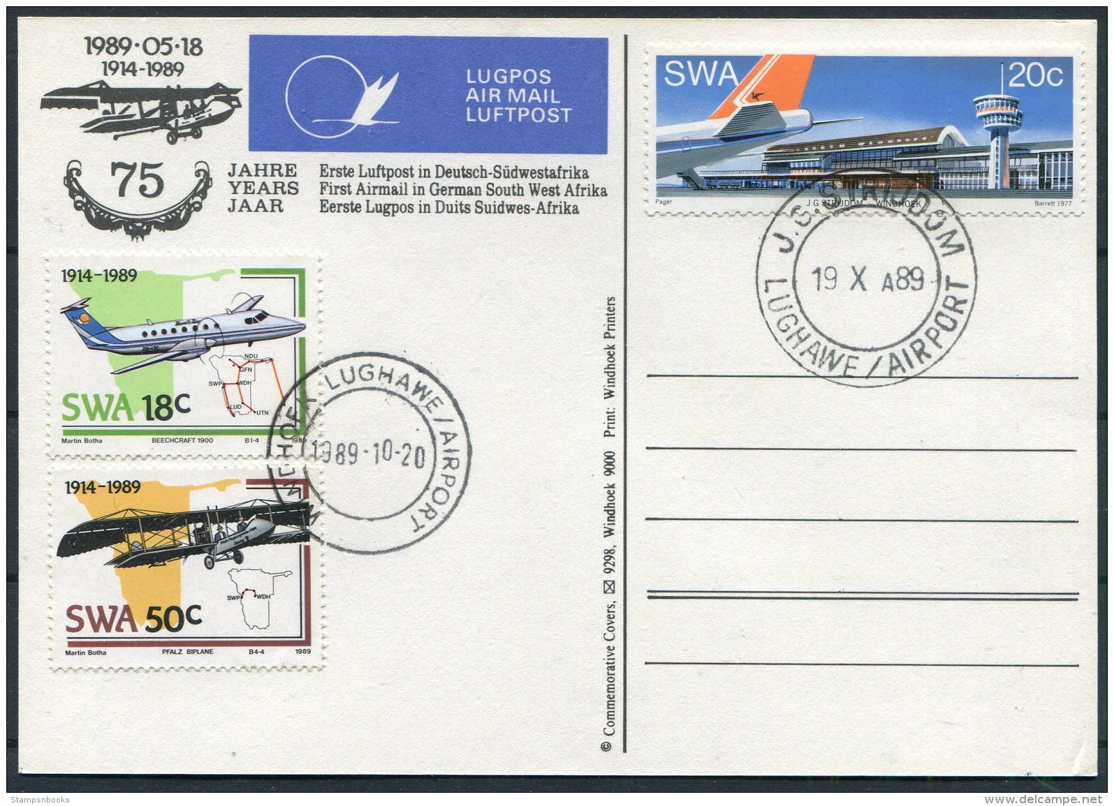 1989 South Africa, South West Africa SWA, Flight Aircraft Postcard Lughawe, Deutschland Luftpost - Posta Aerea