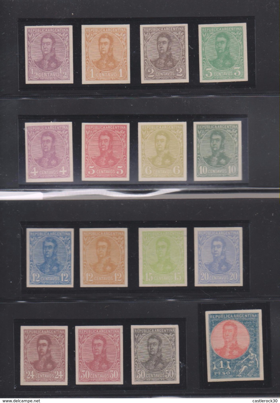 E)1917 ARGENTINA, GENERAL JOSE DE SAN MARTIN, POLITICAL, MILITARY, CENTS, COLORS, FULLSET PROOFS, XF - Años Completos