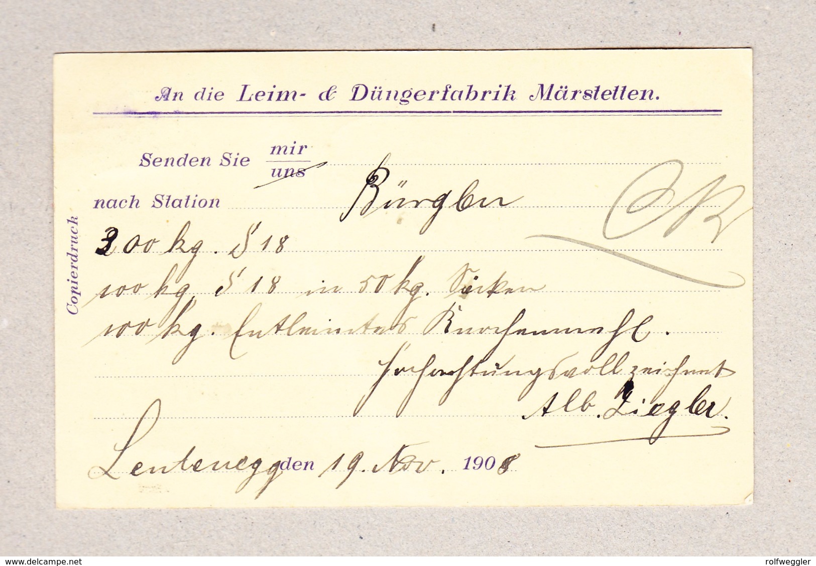 Schweiz Heimat TG HEILIGKREUZ Balkenstempel 19.11.1908 Bürglen Auf Firmen Postkarte - Lettres & Documents