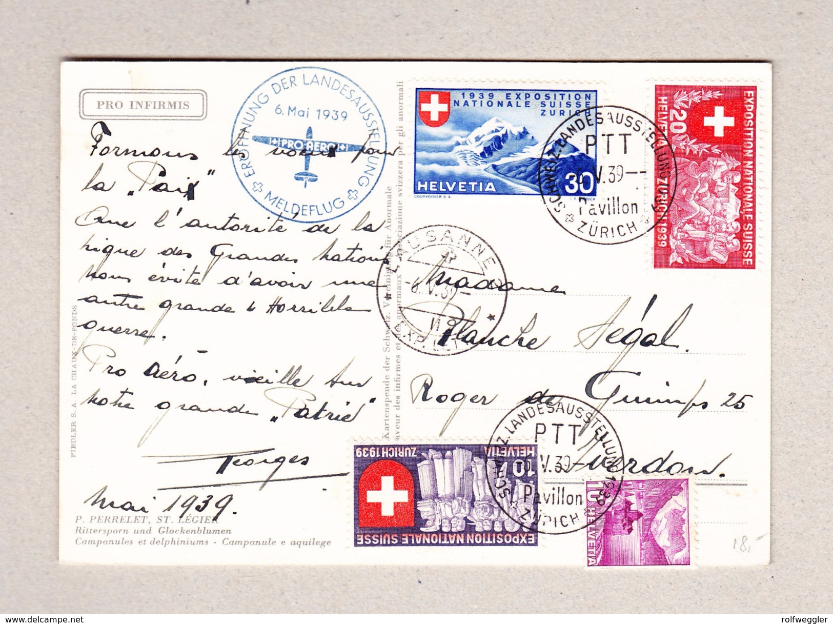 Schweiz 6.5.1939 Landesausstellung Meldeflug Auf Pro Infirmis Karte - Lettres & Documents