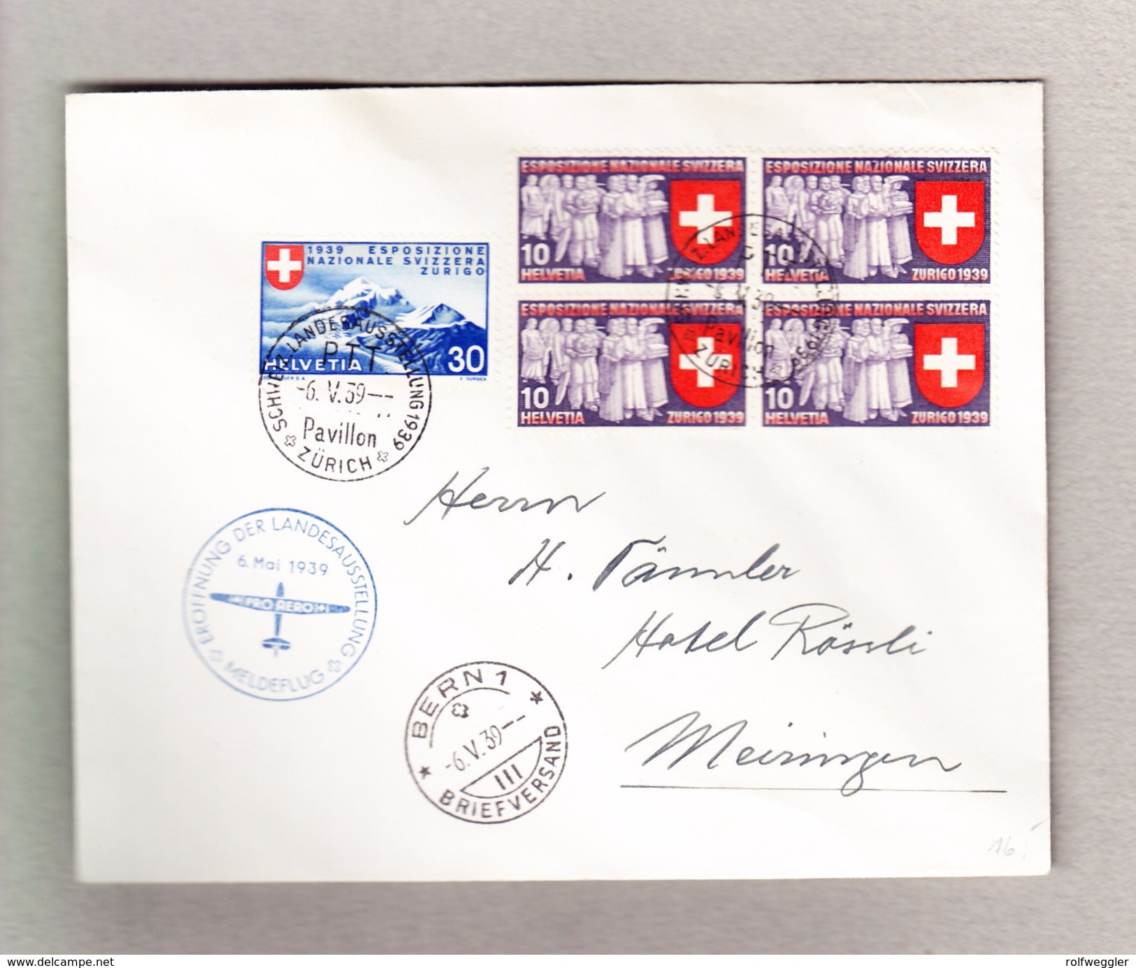 Schweiz 6.5.1939 Landesausstellung Meldeflug Brief Nach Meiringen Mit Zu#227 Und #225 In 4er-Block - Lettres & Documents