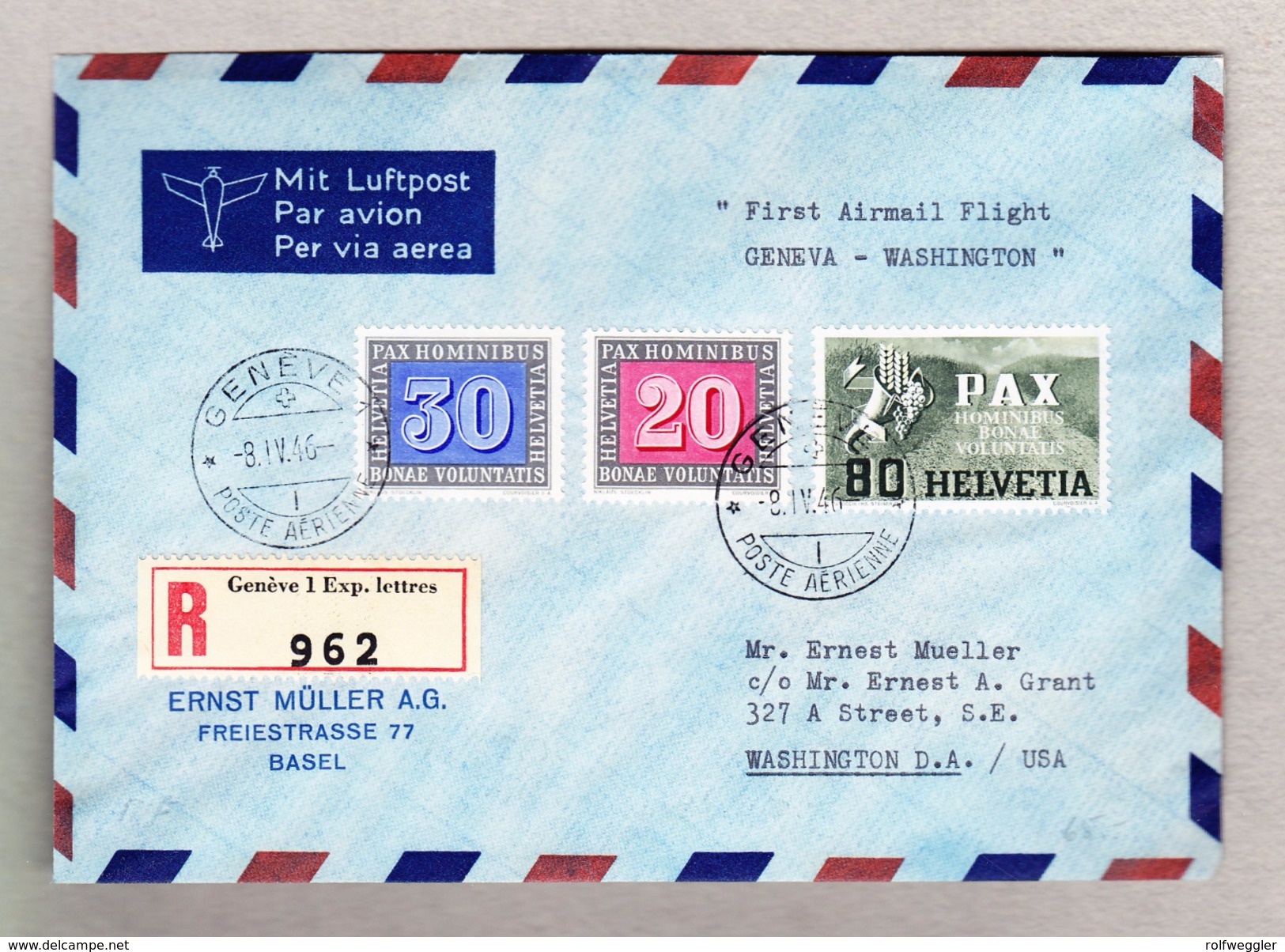 Schweiz 8.4.1946 Genève Poste Aérienne Luftpost R-Brief Nach Wahington Mit U. A. Pax #269 - Briefe U. Dokumente
