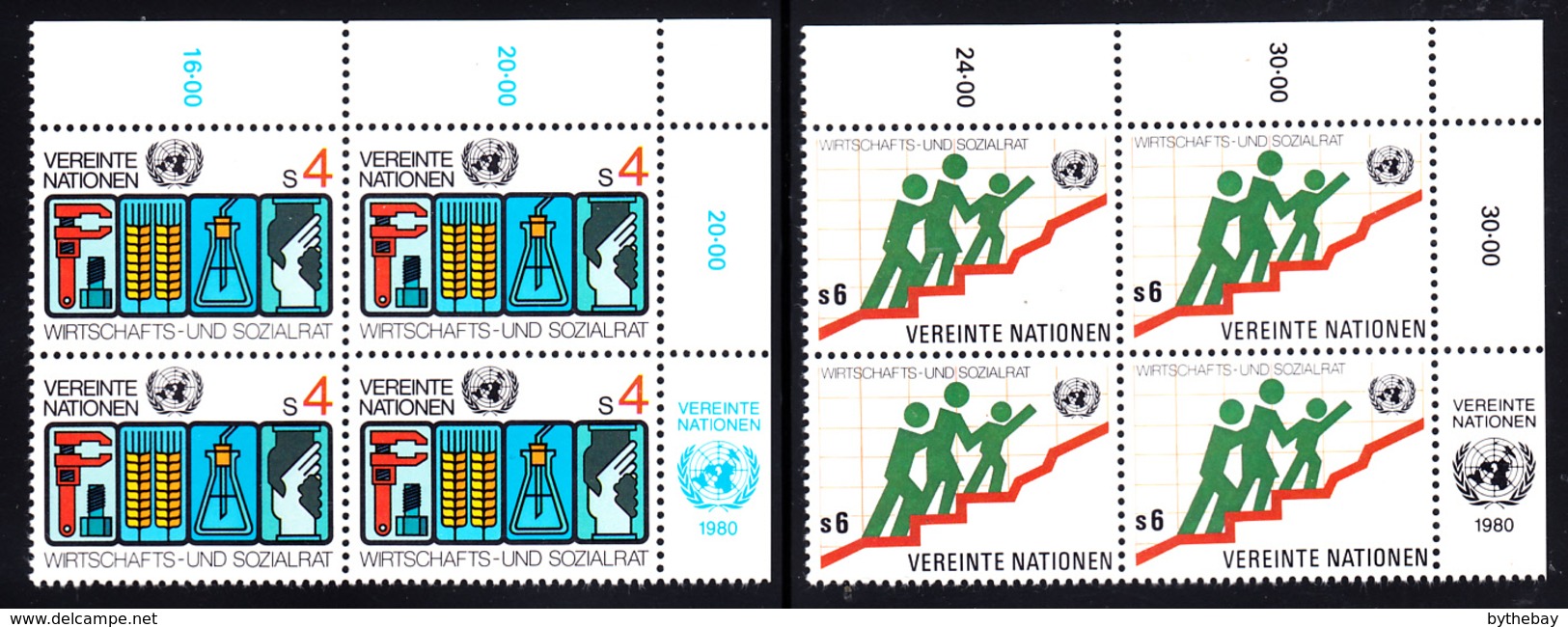 United Nations Vienna MNH 1980 Scott #15-#16 Set Of 2 ECOSOC Upper Right Corner Blocks - Neufs