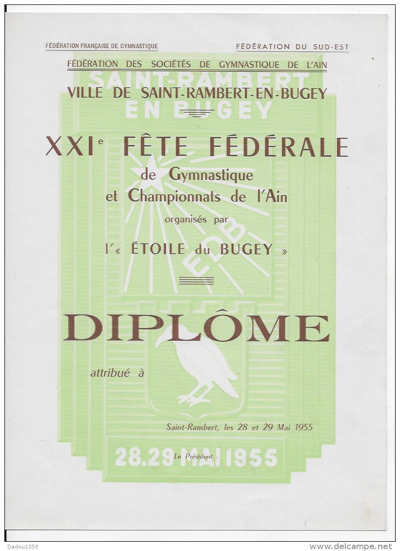 Diplome Gymnastique Ville De Saint Rambert En Bugey 1955 - Diplômes & Bulletins Scolaires