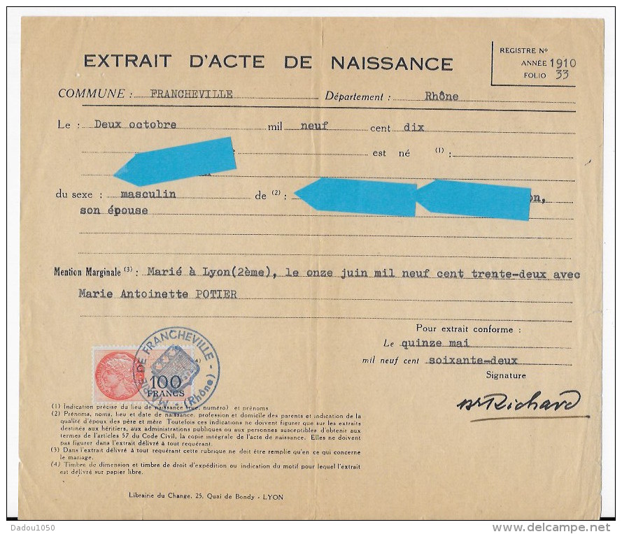 Acte De  Mariage Et Naissance 1962 - Documents Historiques