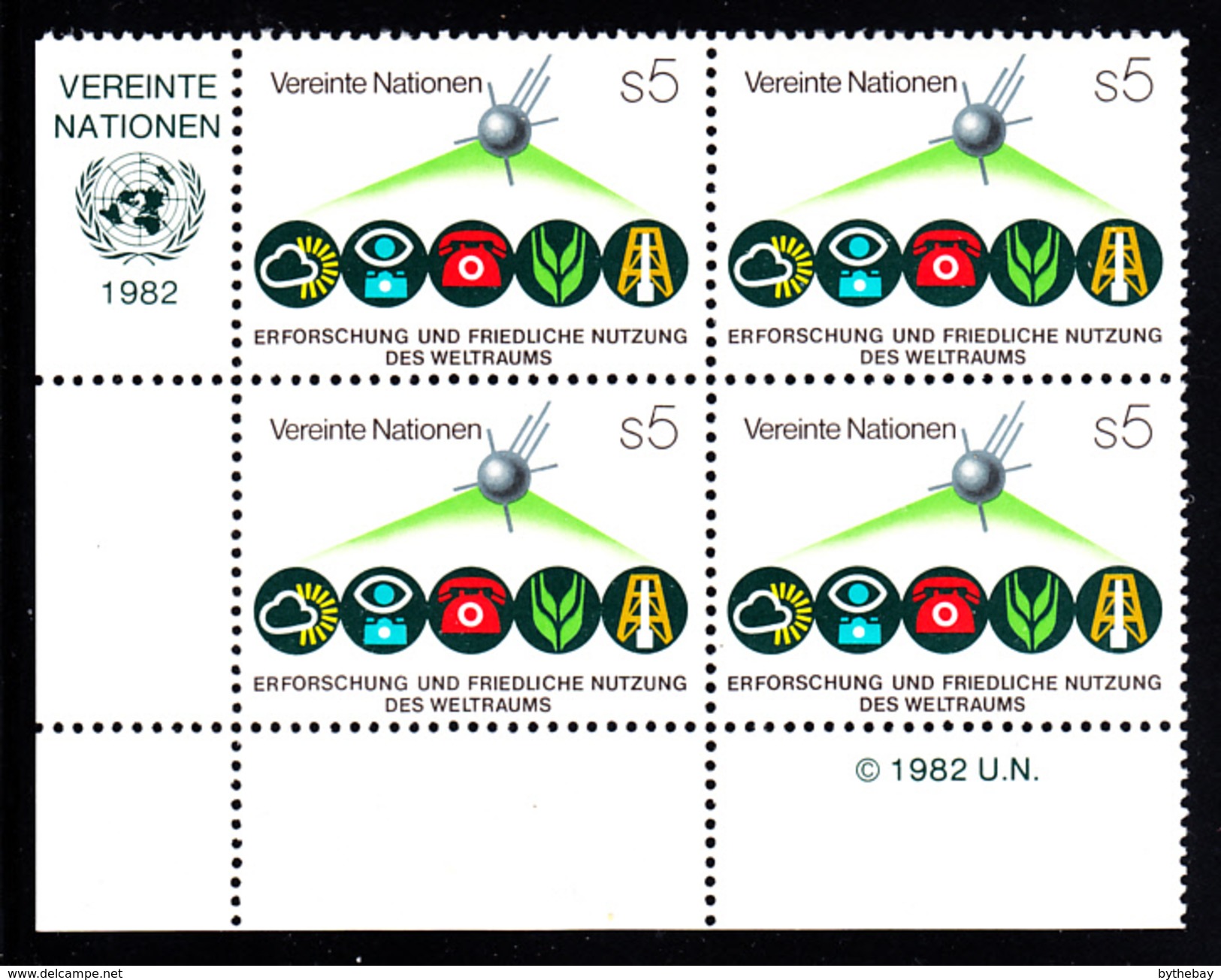 United Nations Vienna MNH 1982 Scott #27 5s Peaceful Use Of Outer Space Lower Left Corner Block - Neufs