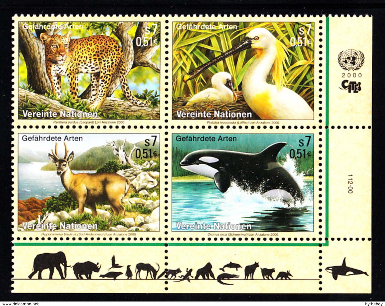 United Nations Vienna MNH 2000 Scott #272a Block Of 4 Endangered Species: Leopard, White Spoonbill, Huemal, Orca - Neufs