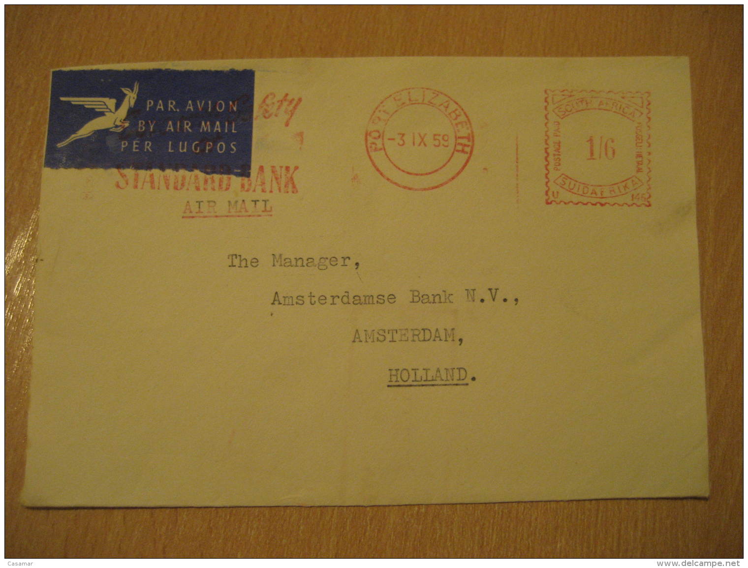 PORT ELIZABETH 1959 STANDARD BANK Metter Mail Cancel Air Mail Cover SOUTH AFRICA - Autres & Non Classés