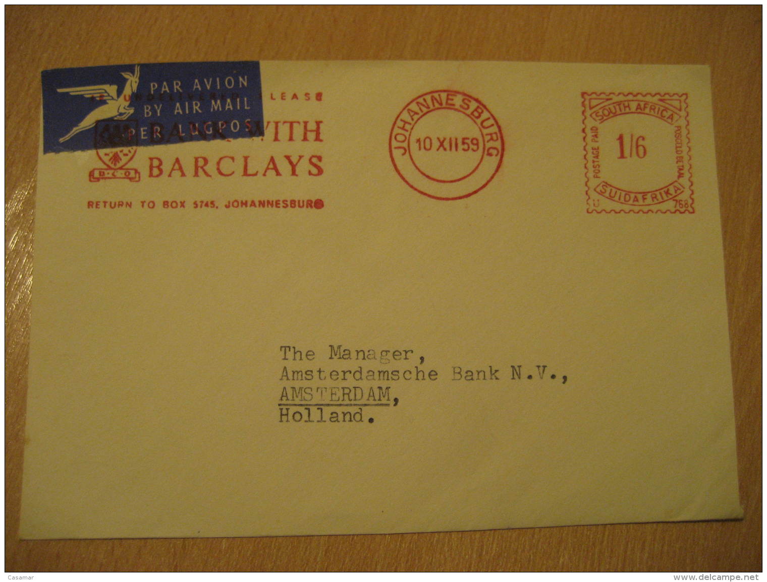 JOHANNESBURG 1959 BARCLAYS Metter Mail Cancel Air Mail Cover SOUTH AFRICA - Autres & Non Classés